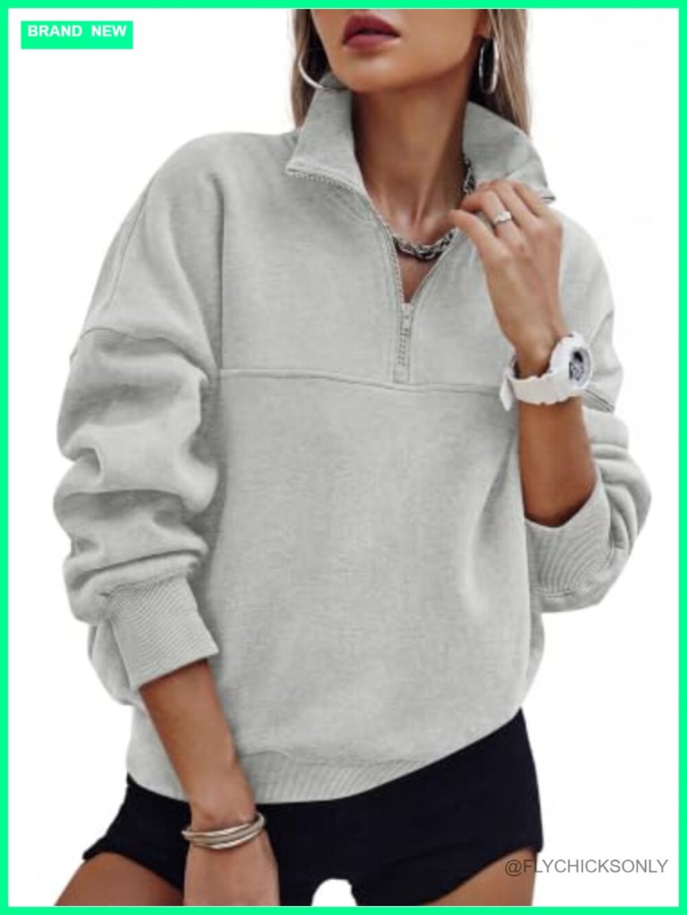 Quarter Zip Fleece Pullover Sweatshirt Dropped Shoulder Women